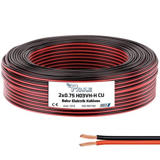 M0483- 2x0.75 Elektrik Kablosu H03VH-H CU Bakır Kordon Siyah 100mt Poke